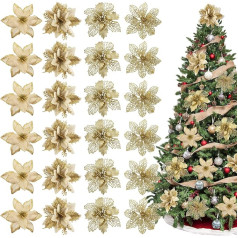 Whaline Christmas Poinsettia with 24 Clips 4 Pieces Design Glitter Gold Artificial Flowers Winter Party Supplies for Christmas Tree Wedding Birthday Wreath Decoration