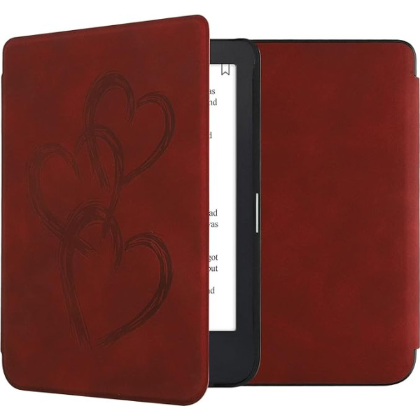 kwmobile Case Compatible with Kobo Clara 2E / Tolino Shine 4 Case - Faux Leather Cover - Brush Hearts Dark Red