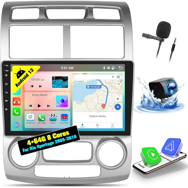 OiLiehu 4+64G 8 Core Android 13 CarPlay Android Car 2DIN Radio for Kia Sportage 2005-2010 Car Radio with Screen 9 Inch with Mirror Link Bluetooth GPS FM RDS WiFi SWC DSP/EQ + Reversing Camera