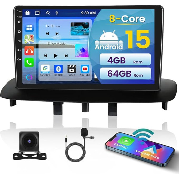 Inefala [8 Core/4G + 64G] Android 15 Car Radio for Renault Megane 3 2009-2014, Radio with Wireless Carplay and Android Car, 9 Inch Touchscreen Radio Car with DSP, 59UI, RDS/FM, GPS, WiFi, Rear View