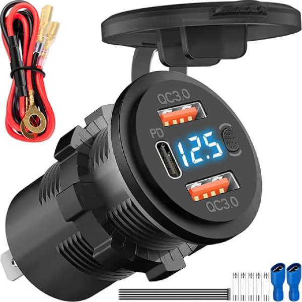 MKBKLLJY 12 V USB Socket, 3-Port Car Charger, 66 W Dual Quick Charge 3.0 Car Connection and PD 3.0 USB-C Waterproof Socket, Power Switch with 60 cm Cable Fuse, Cable Ties for Phone, Motorhome