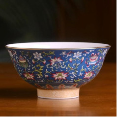 Serving Bowls, Cereal Bowls, Ceramic Bowl* Porcelain Rice Bowl in Antique Palace Style, Porridge Bowl, Soup Bowl, 14 cm, 5.5 inches, Enamel Colour, Tibetan auspicious Eight Treasure Sch