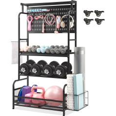 56'' Taller Home Gym Storage Organizer, Yoga Mat Storage Rack with Hanging Board, Exercise Workout Equipment Storage Stand for Home Gym, Dumbbell Holder Kettlebell Rack with Wheels and Hooks