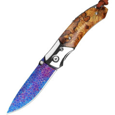 TABKER Folding Knife One-Handed Knife Colour Damascus Pattern Wooden Handle Folding Knife Sharp Pocket Knife for Outdoor Outdoor Survival Knife for Camping