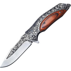 FYJSTET Folding Knife Single Hand Knife Wooden Handle Folding Knife Retro Style Carving Pattern Pocket Knife with Clip Outdoor Survival Knife for Camping