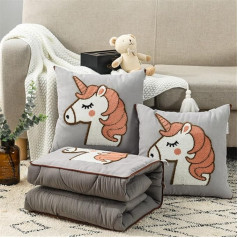 goodFarewell Kissendecke 2 in 1​ Reisedecke Kissen Quilt Multifunktionale Kissen Decke Nackenstützkissen Soft & Warm Nap Mat Kissen für Schlafsofa Bürostuhl （Graues Einhorn）