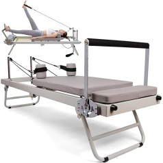Pilates Reformer Device with 10 Metal Springs, Foldable Pilates Device for Home Use and Gym Training, Suitable for Beginners and Advanced Users, Grey