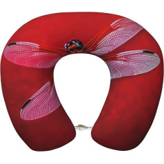 LHDGBWC Reisekissen für Flugzeug, Libelle auf rotem Hintergrund, Memory-Schaum-Nackenkissen, abnehmbares Nackenstützkissen für Reisen, tragbares U-förmiges Flugzeugkissen zum Schlafen, Nickerchen