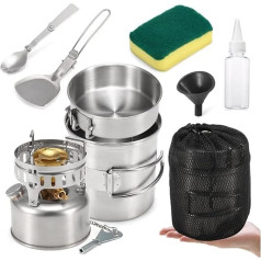 QTYQWC Camping Cookware Measuring Set with Petrol Stove, Saucepan, Pan, Spoon, Shovel, Cleaning Sponge, Oil Bottle, Funnel
