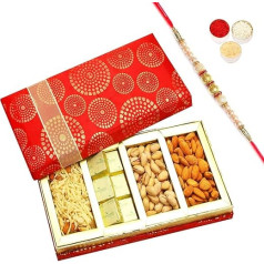Ghasitaram Gifts Rakhi Gifts for Brothers Rakhi Dryfruits Hamper - Satin 4 Part Almonds, Pistachios, Chocolate and Namkeen Box with Pearl Rakhi