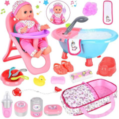 Aragallant Baby Doll Accessory Set, 25 Pieces Baby Dolls Play Set, Bath Accessories for Baby, Toy Doll with Functions, High Chair, Doll Bottle, Dummy, Nappies, Gift Set for Children from 3 Years