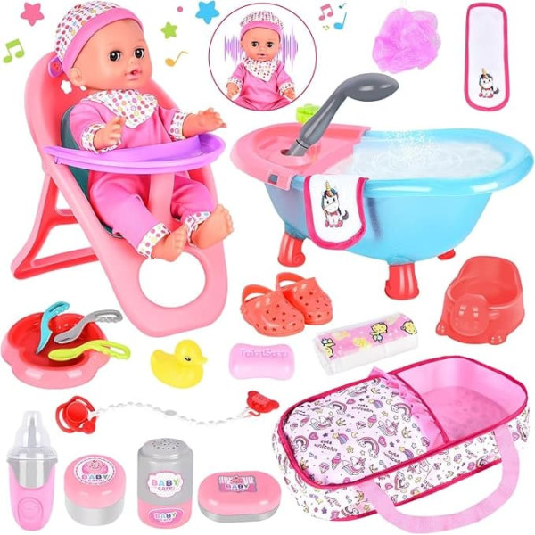 Aragallant Baby Doll Accessory Set, 25 Pieces Baby Dolls Play Set, Bath Accessories for Baby, Toy Doll with Functions, High Chair, Doll Bottle, Dummy, Nappies, Gift Set for Children from 3 Years