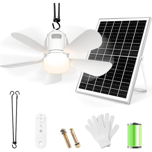Gliztech Solar Ceiling Fan with Lighting, 20000 mAh, Portable Gazebo Lamp with Fan, Solar Panel and Remote Control, Suitable for Patio, Balcony Shade, Garden, Camping, Chicken Coop