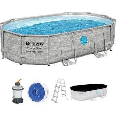 Bestway Power Steel Swim Vista Series Frame Pool Complete Set with Sand Filter System, 488 x 305 x 107 cm, Stone Wall Effect (Cream Grey), Oval, Beige