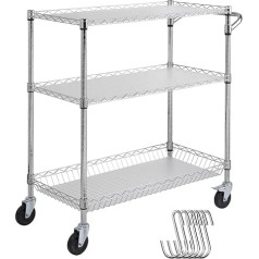 VEVOR Kitchen Trolley, 3 Tier Laboratory Trolley with 300 kg Capacity, Chrome Serving Trolley, Cleaning Trolley, Transport Trolley, Rollable Storage Trolley with 6 Hooks, for Indoor and Outdoor Use,
