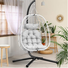 YITAHOME Hanging Chair with Cushion, Maximum Load 150 kg, Outdoor Hanging Chair with Frame Baskets, 195 x 120 x 108 cm, Hanging Chair, Sturdy Rattan for Garden, Indoor and Outdoor, White Egg Chair