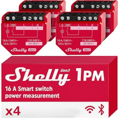 Shelly 1PM Gen3 WLAN Smart Relay Switch, Current Measurement, Electric Meter, 1 Channel, 16 A, Light Switch, Heating, Smart Home, Timer, Alexa & Google Home, No Hub Required (Pack of 4)