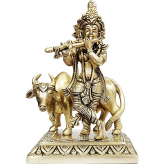 Purpledip Idol Lord Krishna & Kamdhenu Cow Collectible Gold Finish Heavy Statue for Home Temple (12099)