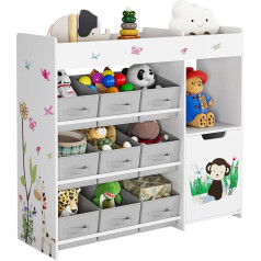 HOCSOK Toy Shelf Children's Shelf with 9 Storage Boxes, Toy Organiser, Lots of Storage Space, Bookcase, Children's Room, Wood, White, 90 x 80 x 29.5 cm