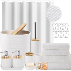XLHOMO White Bathroom Set, White Bathroom Accessories Set with Shower Curtain, Bath Towel Set, Trash Can, 2 Soap Dispenser, Soap Dish, Toothbrush Holder and Cup, Toilet Brush for Bathroom Decor