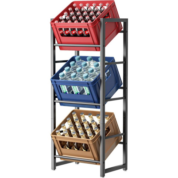 jockcaras Drinks Crate Rack for 3 Drink Crates - Black Metal Drinks Shelf, Stable & Space-Saving Box Rack with 3 Levels for Beer, Fruit, Vegetables, Water - For Living Room, Kitchen & Cellar
