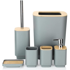 JOTOM Bamboo Bathroom Accessory Set of 6 Modern Design 6 Pieces Bathroom Accessory Set Soap Dispenser Toothbrush Holder Toothbrush Cup Soap Dish Toilet Brush Rubbish for Bathroom Home Decor (Grey)