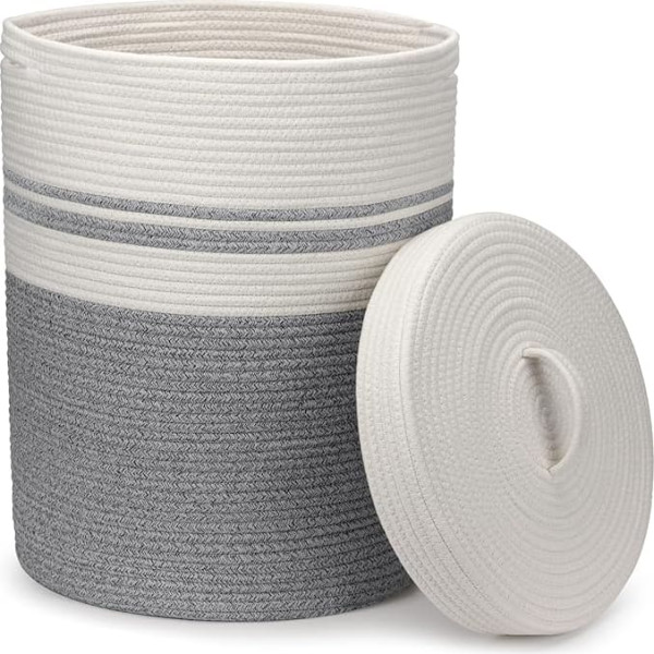 Goodheim Foldable Laundry Basket with Lid, Laundry Hamper - Laundry Baskets, Baskets, Braided Large & XXL, White, Cotton Basket - Storage Basket Large (Grey, 37 x 52 cm)