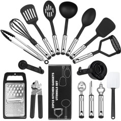 BEWOS 25 Pieces Nylon Kitchen Utensils Set, Non-Stick and Heat Resistant, Non-Toxic Kitchen Utensils and Accessories, Cookware, Tongs, Spatulas, Spoons Set, Black