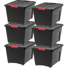 Iris USA Stackable Plastic Storage Bins with Lids and Locking Buckles 6 Pack Black Containers with Lids and Latches Durable Nesting Cabinet Garage