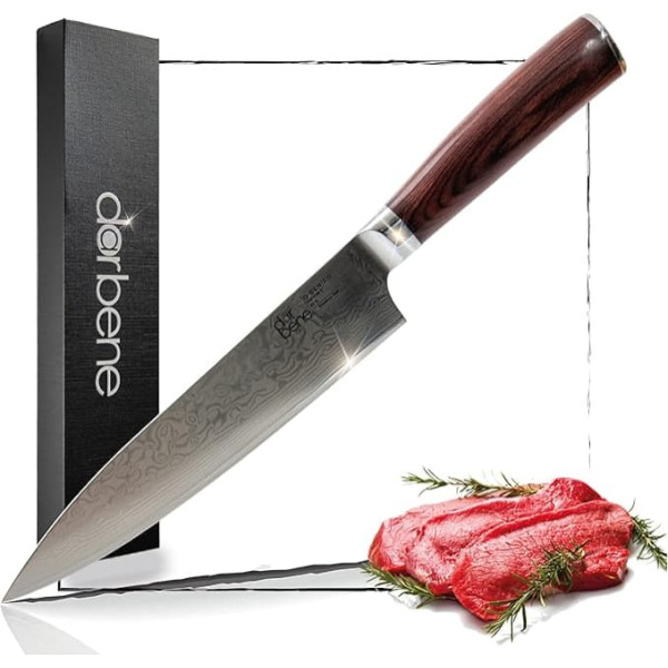 DarBene Damascus Knife Premium Chef's Knife D-Series 20 cm Professional Kitchen Knife Made of Damascus Steel 67 Layers, Extreme Sharpness, Can Be Sharpened with Ergonomic Pakka Wooden Handle, Premium