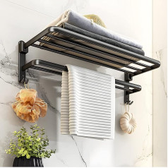 yozhch Towel Rail Matte Black No Drilling Self-Adhesive Bath Towel Rail 90° Folding Towel Rail with Shelf Wall Mounted Double Towel Rail for Bathroom Aluminium (58 cm)