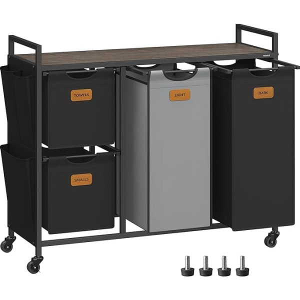 VASAGLE BLH203B01 Laundry Basket 4 Compartments Laundry Hamper 150 L Laundry Sorter Wheels Laundry Trolley with Shelf Laundry Bag Small Side Pockets 6 Labels Chestnut Brown Ink Black Dove Grey