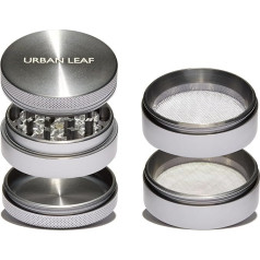 URBAN LEAF Fine Grinder 2.0 Premium Spice Mill 55 mm Aluminium 4-Piece with 2 Pollen Sieves Modular Crusher (Grey)