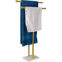 WAYDELI Standing Towel Rack, Double T Shape Tall Bath Towel Sheet Holder with Marble Design Base for Bathroom, 2-Tier Towel Rack, Stainless Steel Stand (Brushed Gold)