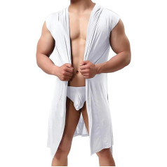TouKingda Mens Hooded Robe Silky Sleeveless Sleepwear Pajamas Lightweight Solid Color Bathrobe Spa Robe with Belt Soft Summer Pajamas for Home and Loungewear