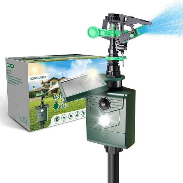 Water Jet Animal Repellent, Bird Repellent, Heron Deterrent for Garden & Pond, USB Charging / Solar Charging in Two Modes, PIR Motion Sensor, Range up to 8 m, Bird Scarer, Cat Repellent, Heron