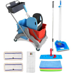 Hypafol Cleaning Trolley with Basket Set 40 cm | 2 x 25 L Buckets with Mop Press and Sweeping Set | Includes 2 x 40 cm Cotton Mop, 1 x Microfibre Mop | 3 Microfibre Cloths Each in Red, Yellow, Green,