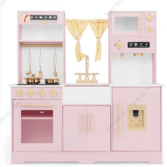 FANTASK Children's Wooden Kitchen with Light, Sound, Sink, Tap, Stove, Water Dispenser & Microwave for Children from 3 Years (Pink)