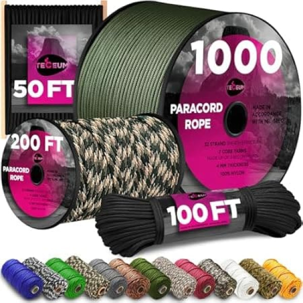 TECEUM Paracord Type IV 340 kg Black 16 - 1000 Feet - 4mm - 100% Nylon Strong Tactical MIL-SPEC Parachute Cord - Survival Rope Emergency Para Cord 11 Strands Core EDC Camping Hiking Military Gear