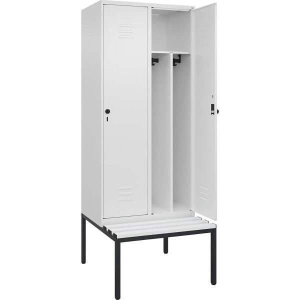 C + P Möbelsysteme C+P | Schwarz-Weiß-Spind Classic Plus Sitzbank | schmal | 2 Abteile | Trennwand verkürzt | verkehrsweiß | B 800 mm | Sicherheits-Drehriegel | untergebaut | Kunststoff