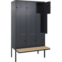 C + P Möbelsysteme C+P | Z-Spind Classic Plus Sitzbank | 3 Abteile | grau | B 1200 mm | Sicherheits-Drehriegel | auskragend | Buche-Hartholz
