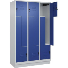 C + P Möbelsysteme C+P | Z-Spind Classic Plus | 3 Abteile | lichtgrau/enzianblau | B 1200 mm | mit Bodensockel | Drehriegel