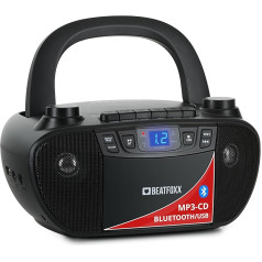 Beatfoxx CDB-1016U BK Boombox with Cassette, CD Player, Radio, Bluetooth and USB - Recorder with AUX Input and Headphone Output - Powered by Power Cable or 6 x Type C Batteries - Children and Adults