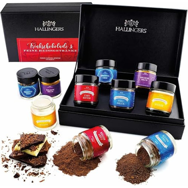 Hallingers Drinking Chocolate & Fine Hot Drinks - 5 Types Drinking Chocolate Gift Set with Drinking Chocolate, Chai Tea and Golden Milk Spice (Set) - Mother's Day Gift & Gift Ideas for Father's Day |