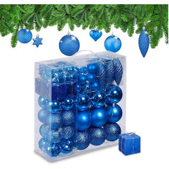 Relaxdays Christmas Baubles Set of 110, Plastic, Christmas Tree Decoration with Baubles and Tinsel etc. Christmas Tree Decorations, Blue