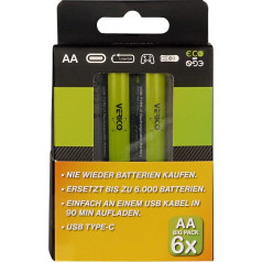VERICO LoopEnergy AA 2550 Rechargeable USB-C Battery AA 1.5 V 2550 mWh (1700 mAh) Li-Ion, Pack of 6, Quick Charge via USB-C Connection in Approx. 2 Hours, 3 x 2 Pack AA, 3 Cables USB-A to 2 x USB-C