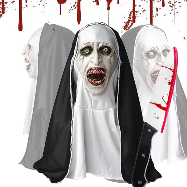 WEILAOK Halloween Mask Nun, The Nun Mask with Toy Knife, Scary Latex Mask, Halloween, Horror Nun for Halloween Costume, Cosplay Party, Halloween Decoration, Creates Creepy Atmosphere