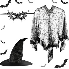 Halloween Hexenkostüme Zubehör Set mit Hexenhut Schwarz Verzauberter Web Poncho und Spitze Maskerade Maske für Frauen Halloween Party Cosplay
