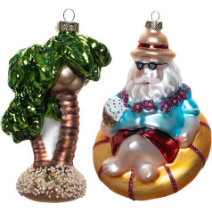 GAUMAANLEI Set of 2 Blown Glass Summer Beach Santa Claus Relaxing on Float Ornaments for Christmas Tree and Glass, Tropical Coconut Tree Ornament