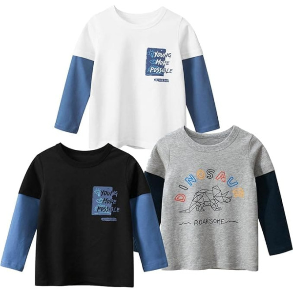Toddler Boys Long Sleeve Shirts Color Block Cotton Dinosaur Car Print Boys T Shirts Spring/Autumn 18-9 Years 3 Pack